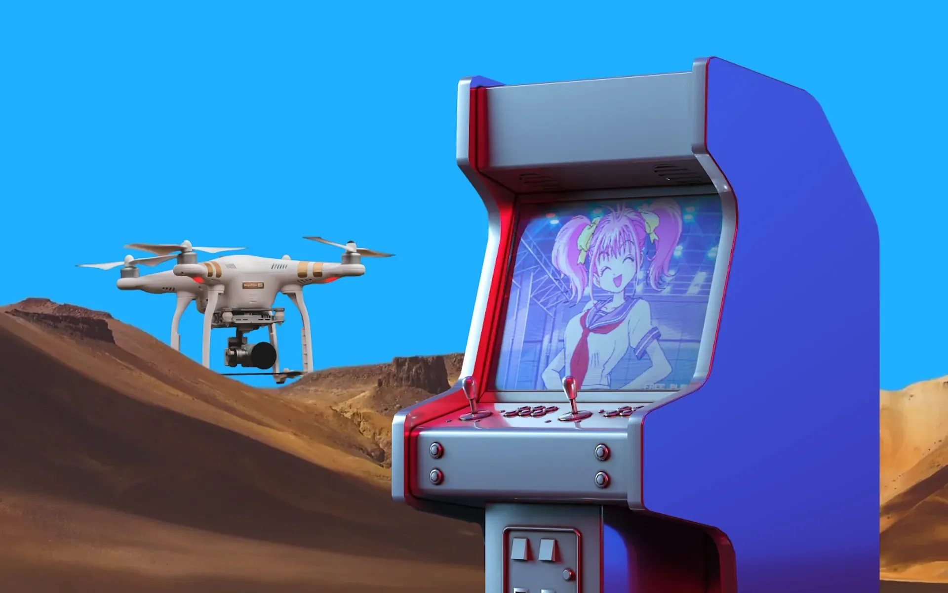 An arcade console in the desert, with a drone flying by