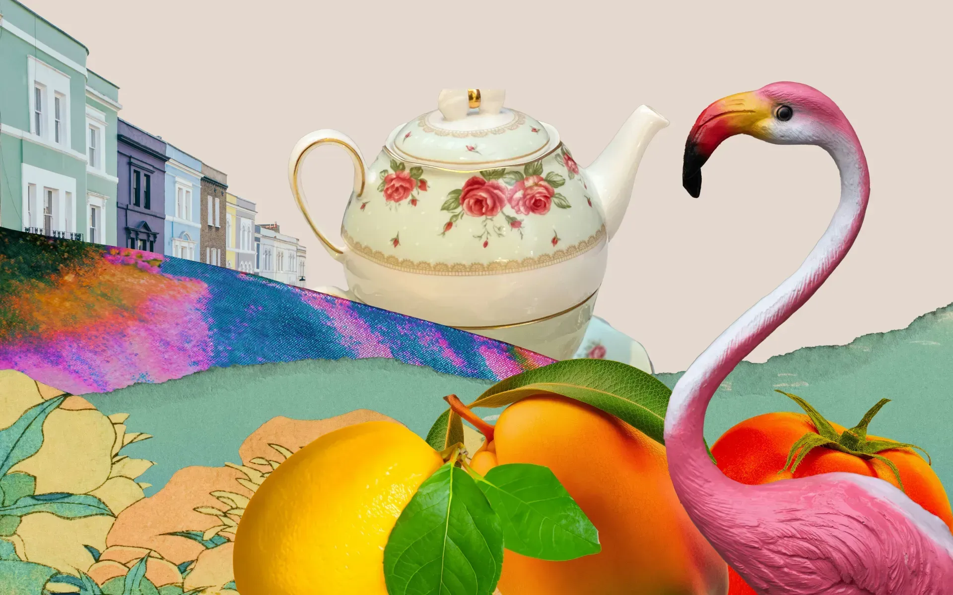 A flamingo, teapot, and some fruit infront of an abstract scene