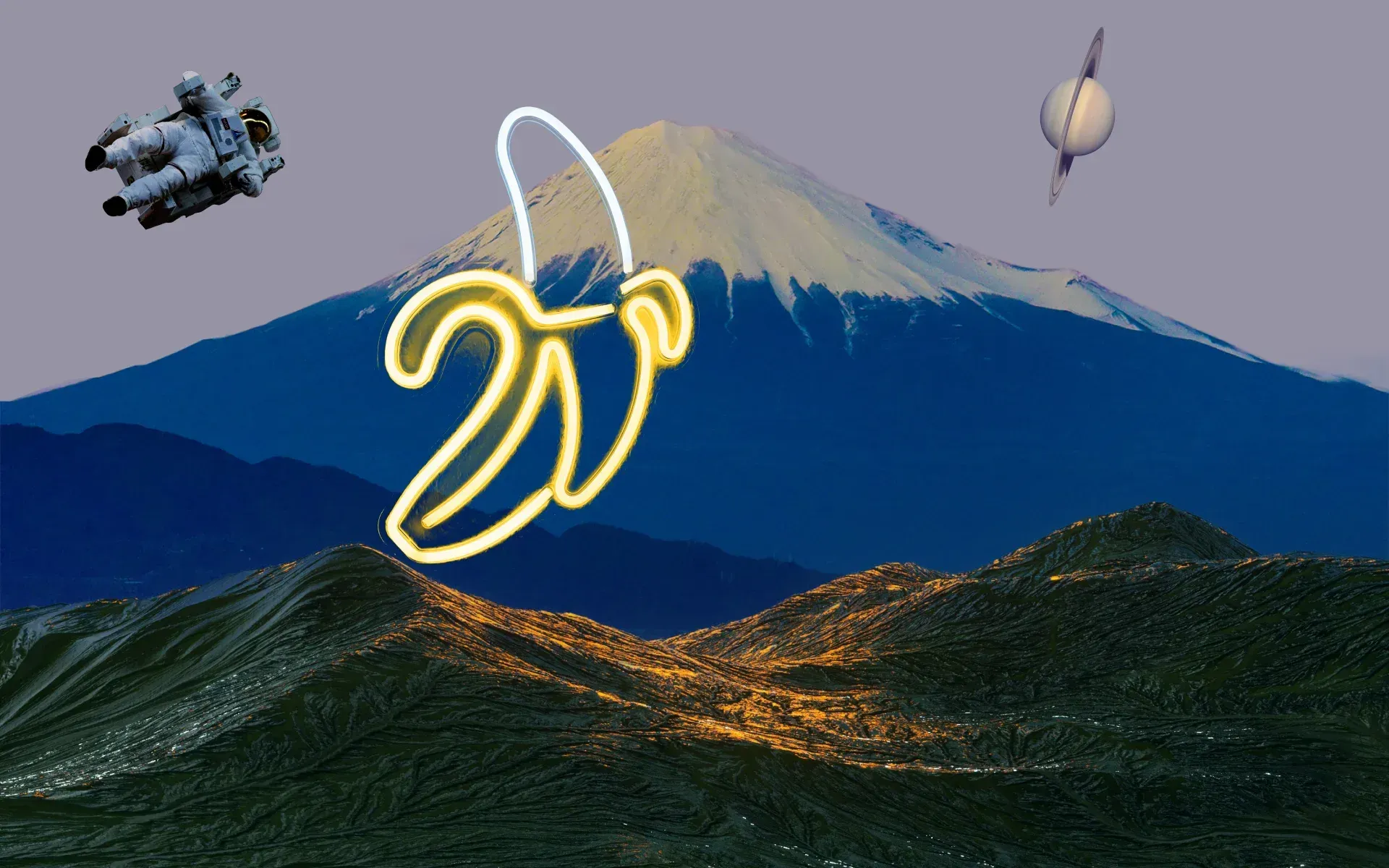 A neon banana on a mountaintop