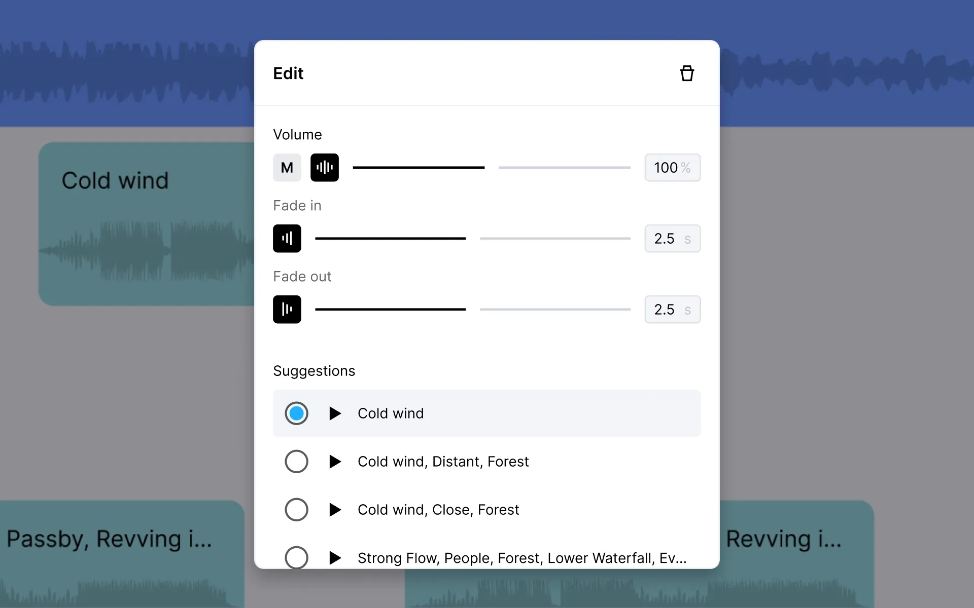 Editing different sound effects with Epidemic Sound Studio