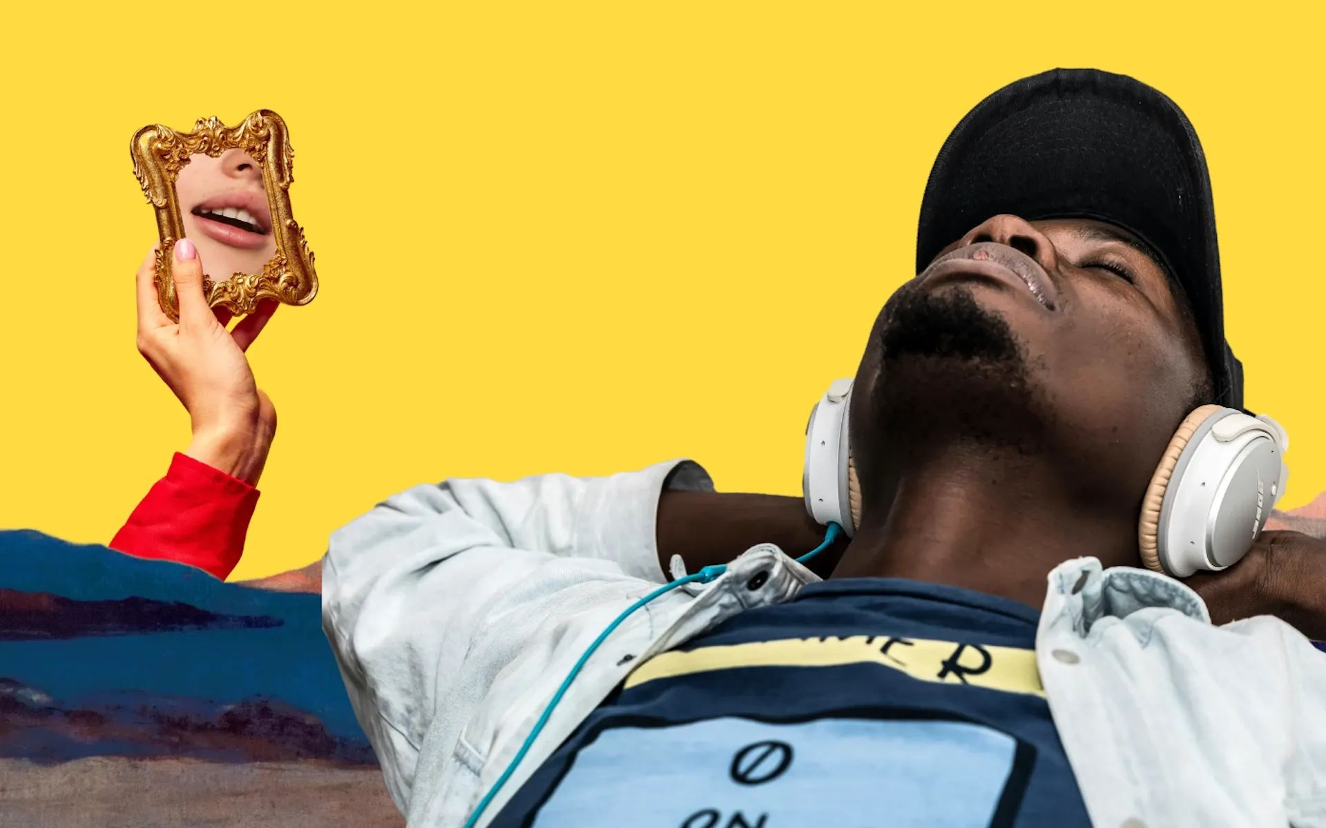 Man listening to music in an abstract background