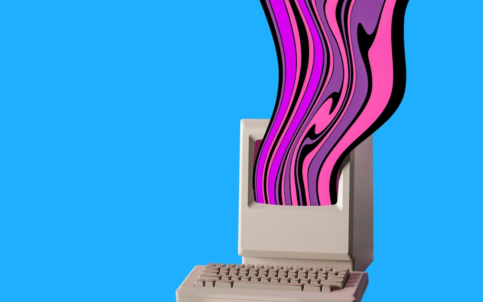 A computer with pink gooey waves coming from the screen