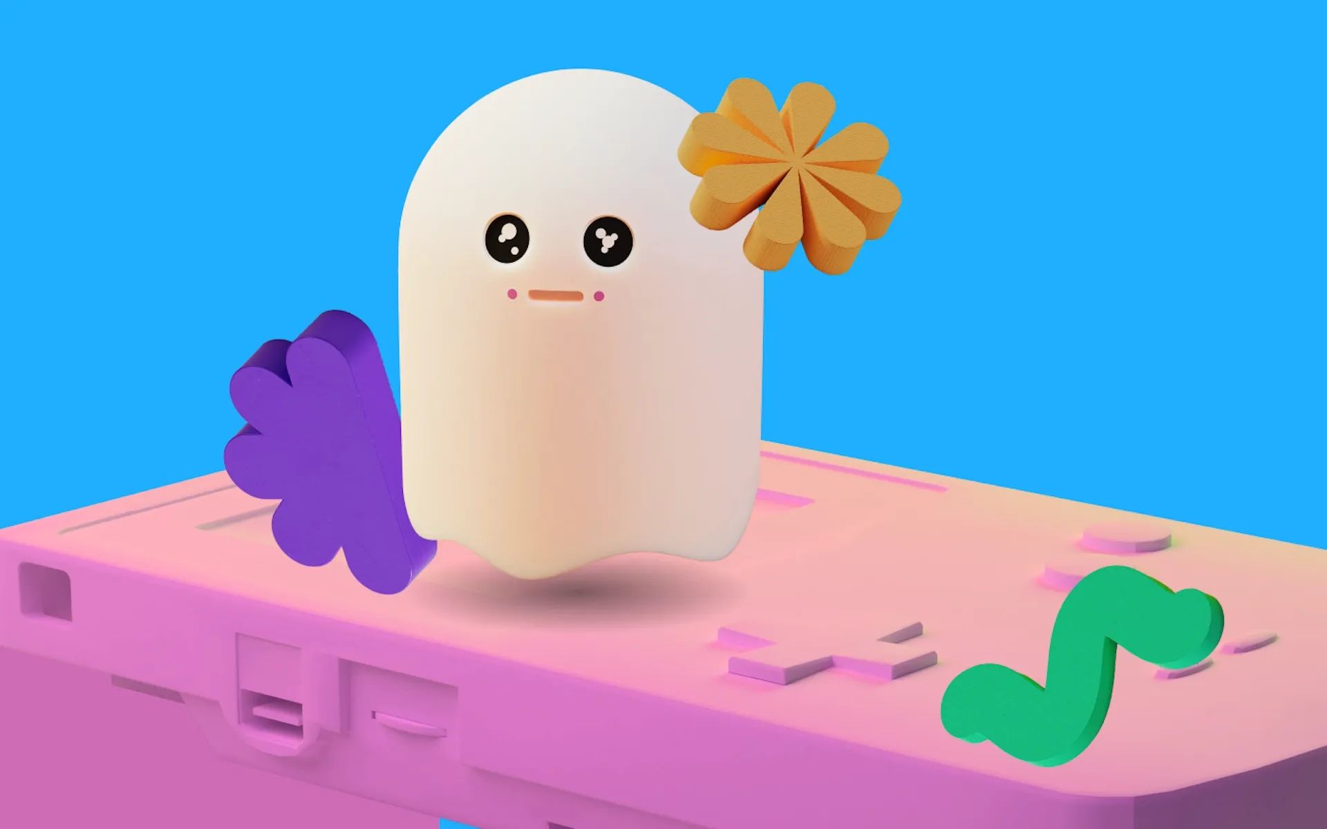 A little ghost sat on a pink block, surrounded by abstract, colorful shapes
