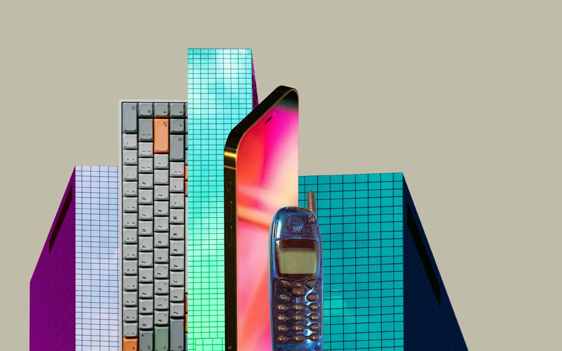Skyscrapers next to a giant phone and keyboard