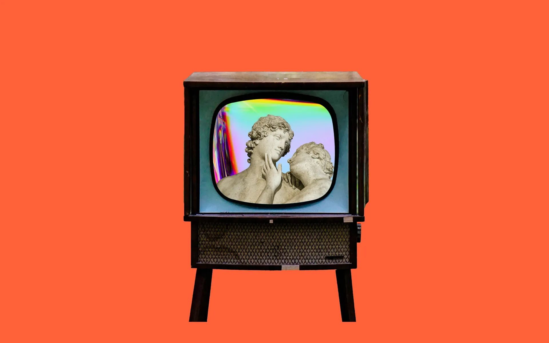 A TV with old-fashioned statues on the screen