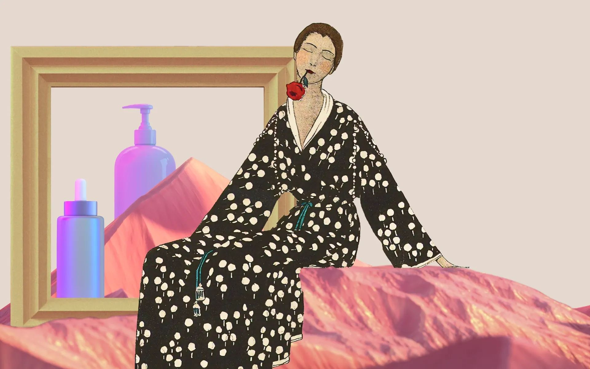 A woman in a kimono sat on a mountain range