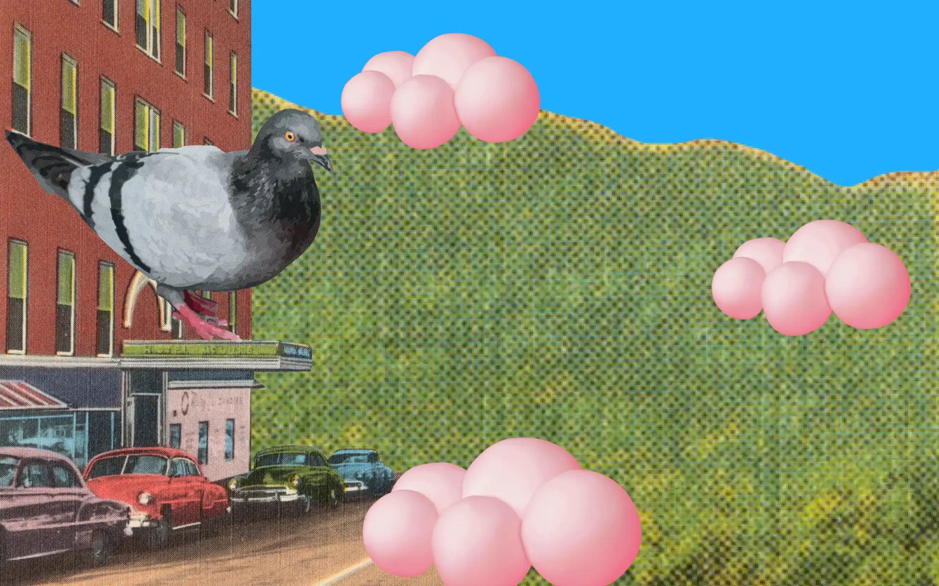 A giant pigeon on top of a building, overlooking a hill and some bubbly pink clouds