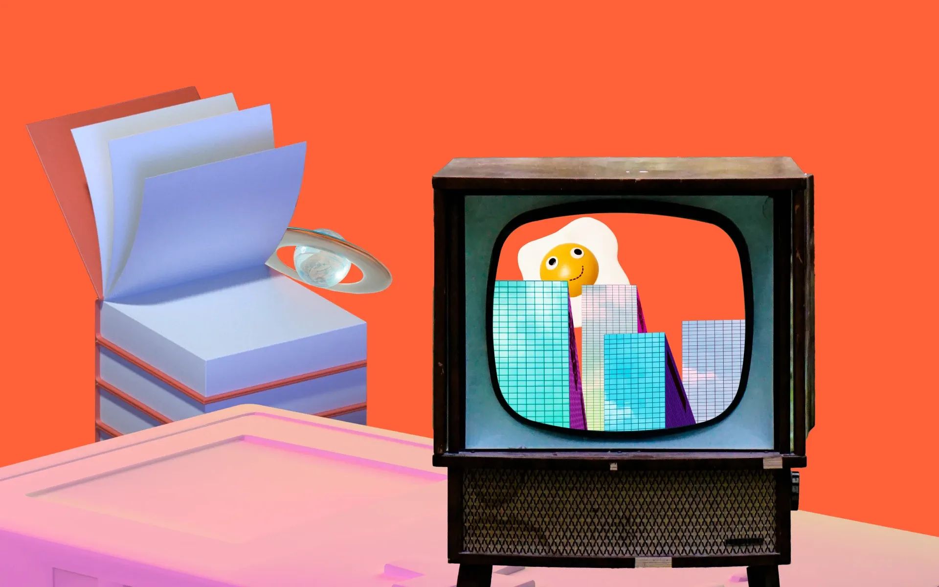 An old TV set with a city skyline and an egg in it