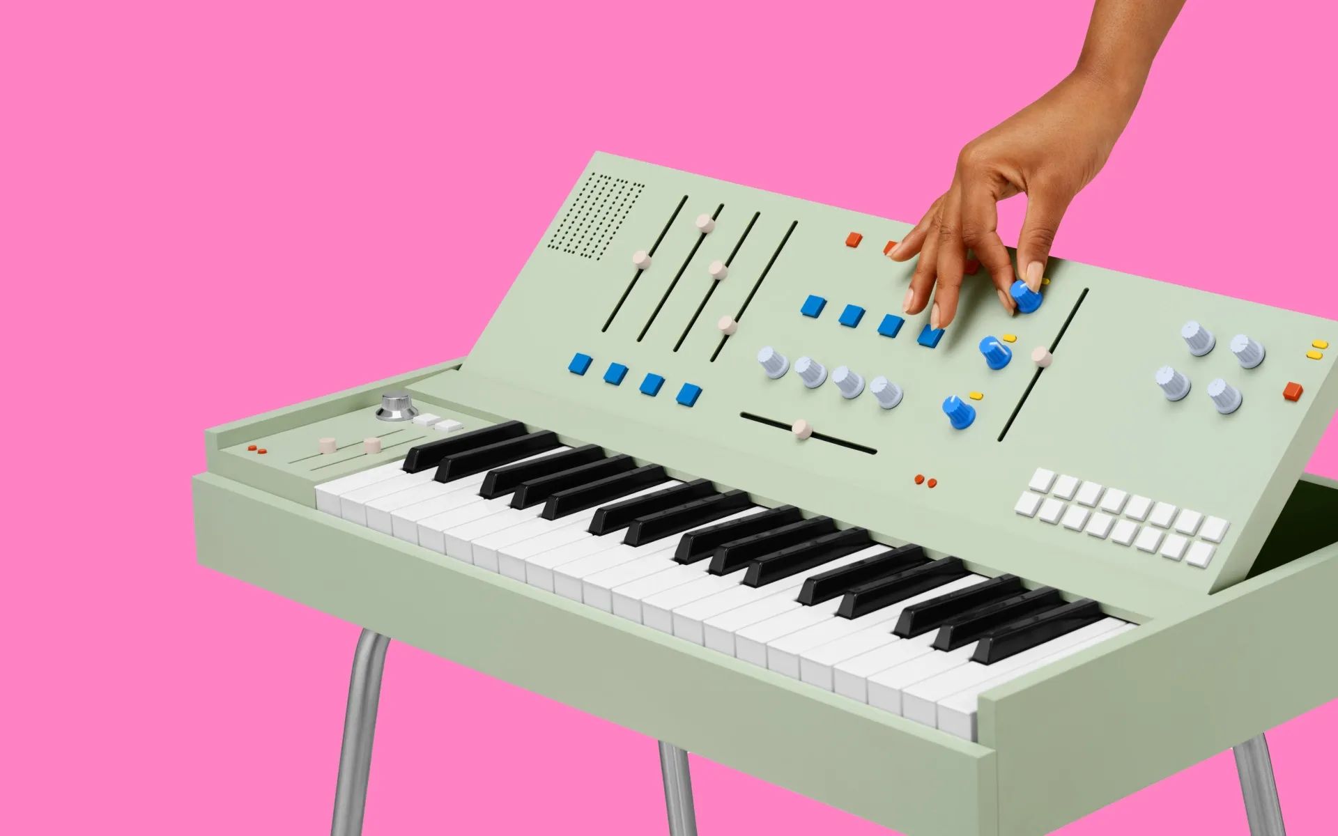 A hand reaching down to adjust a knob on an abstract-looking keyboard instrument