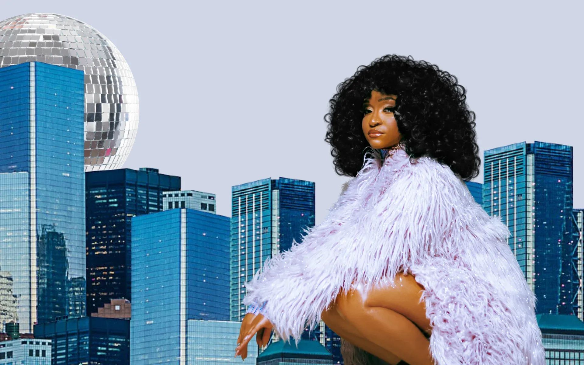 King Sis crouched down, with a city skyline behind her, and a giant disco ball in the background