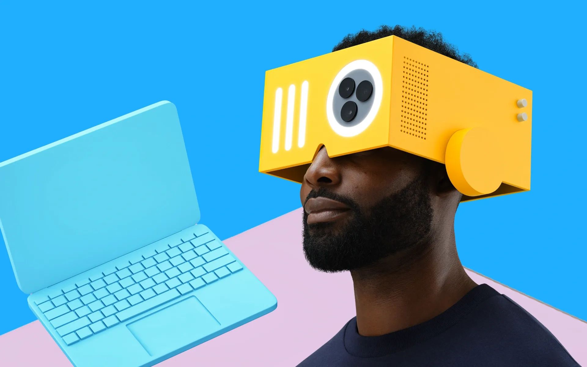 A man with an abstract camera device on his head, with a blue laptop in the background