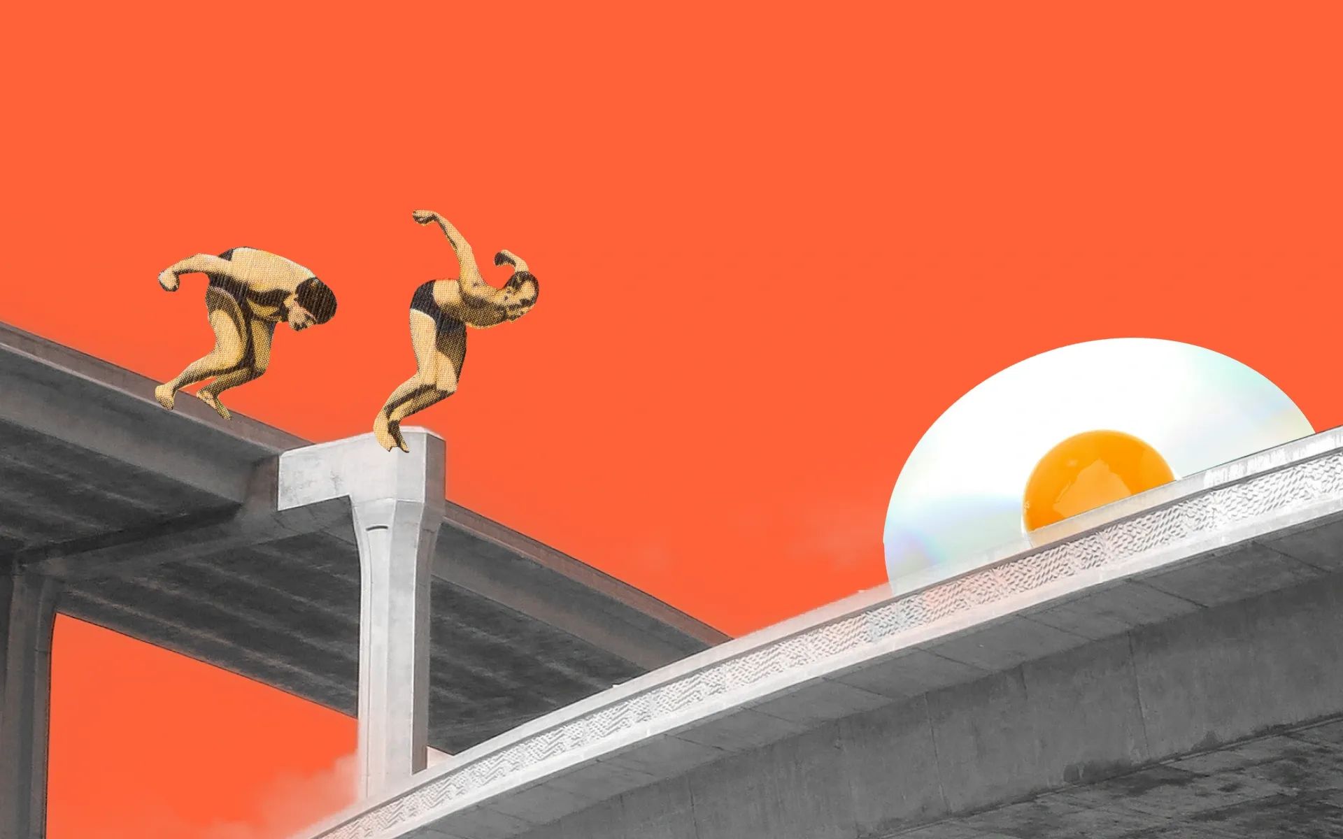 Two divers jumping from a bridge, onto another section of the bridge, with a giant CD styled like a fried egg in the background