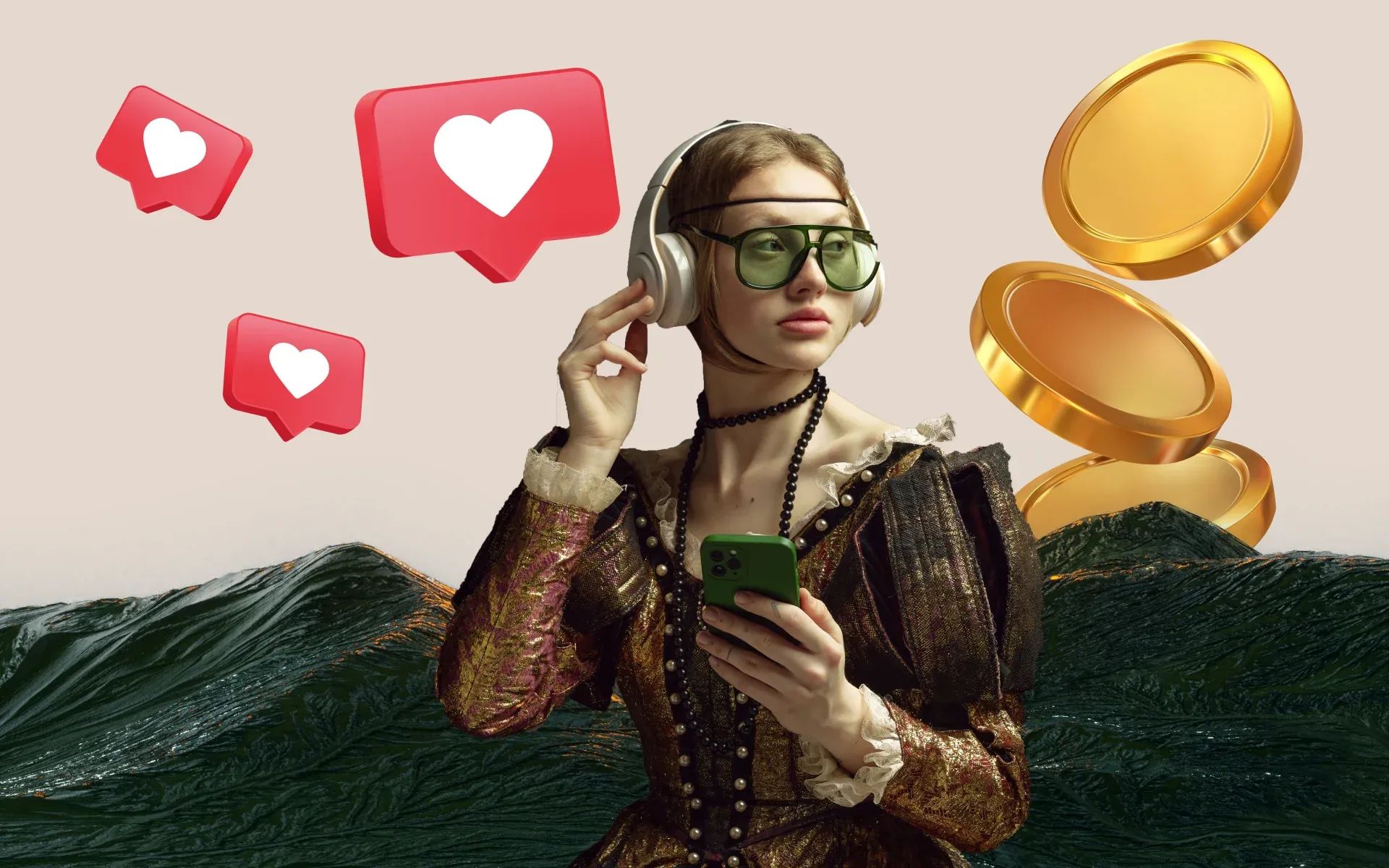 A woman in old-fashioned clothes, in front of a mountain, listening to music on an iPhone