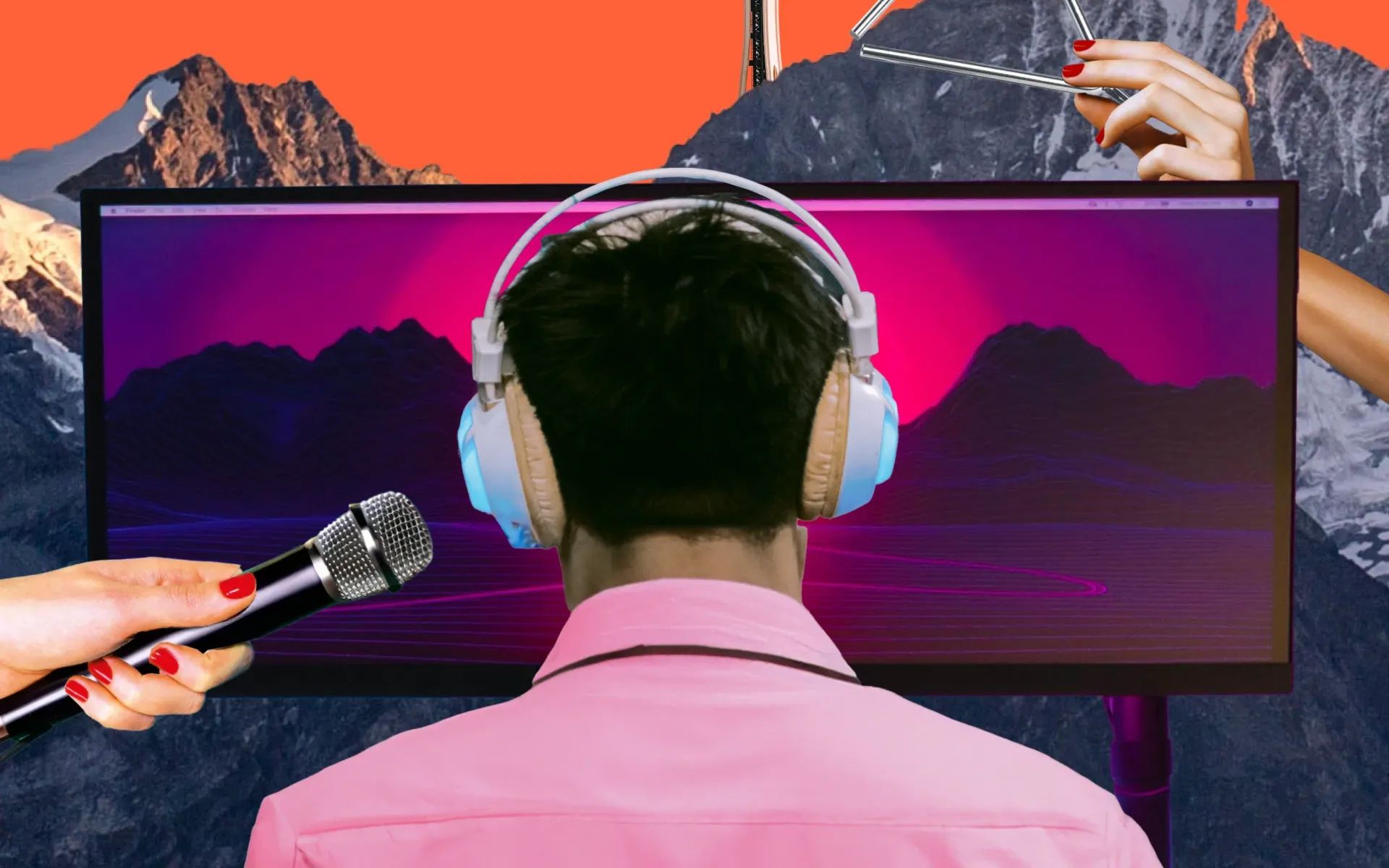 Person editing on a computer, wearing headphones, while someone else holds a microphone