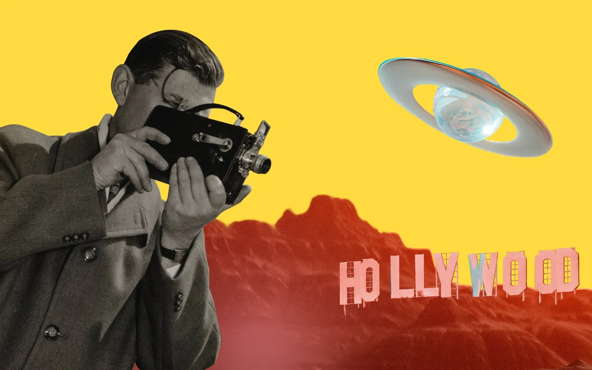 An old-fashioned man with a camera, stood in front of a cliff face with the “Hollywood” sign on it
