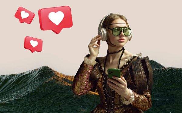 Woman in old-fashioned clothes holding a phone, wearing sunglasses and headphones