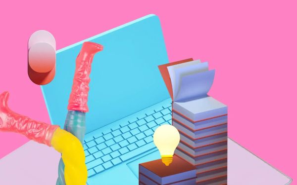 A laptop with some abstract legs, a stack of books, and lightbulb in front of it
