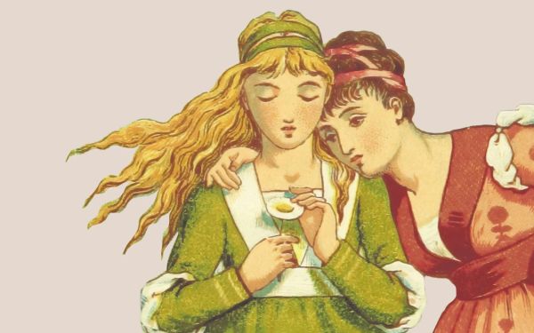 Two cartoon people in old-fashioned clothes lookng s