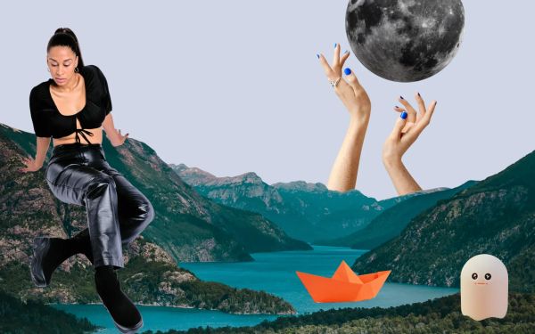 A woman sitting on a mountain, with a cute ghost in the corner and a giant disco ball in the sky
