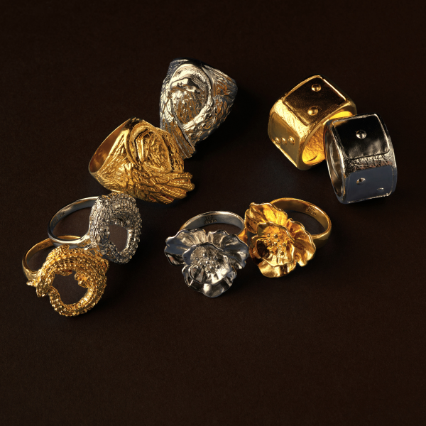 Menē 24k Gold and Pure Platinum Crocodile, Poppy, Eagle, and Dice Ring Jewelry