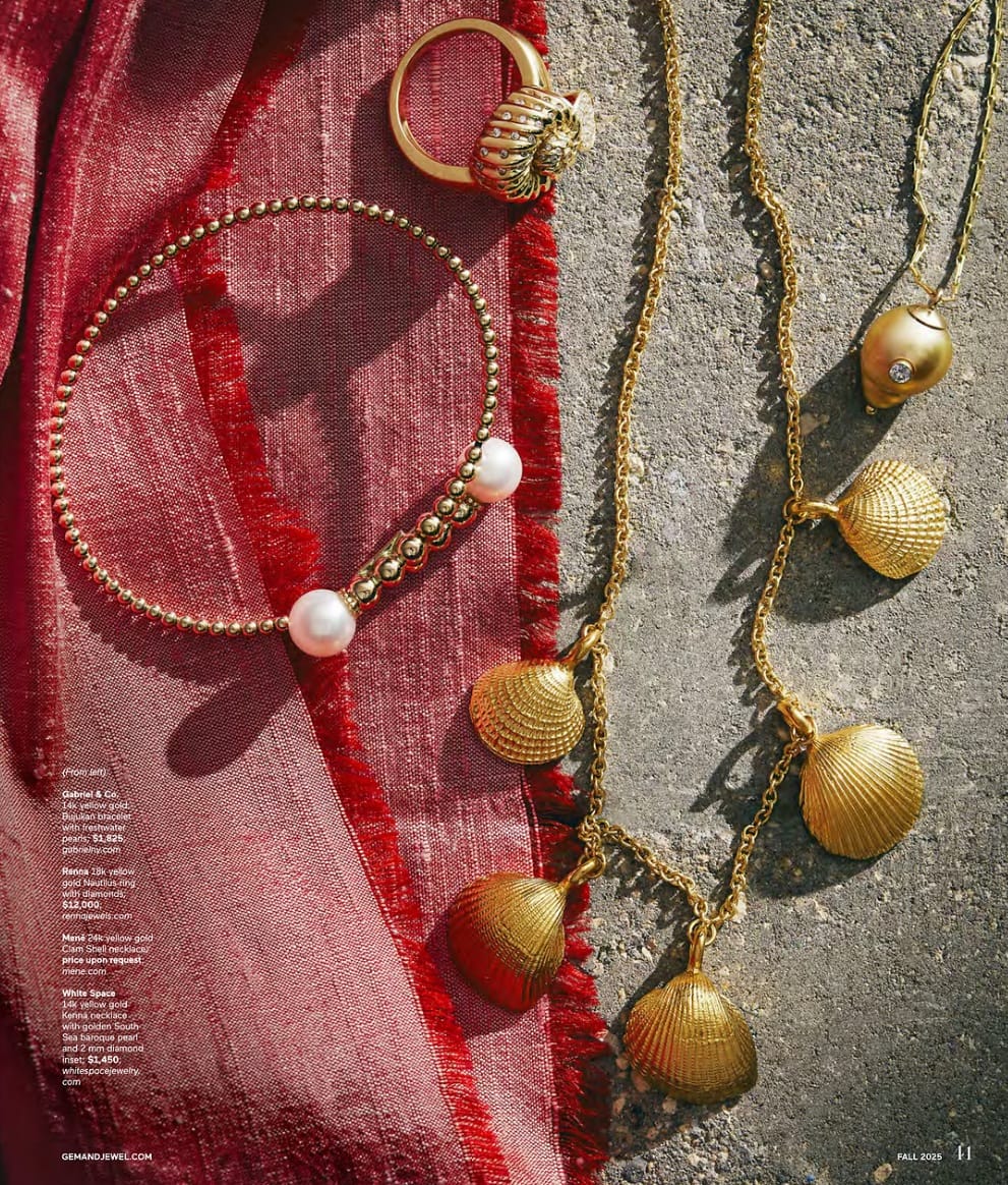 Menē 24k gold Clam Shell Necklace featured in Gem + Jewel Fall 2025 Magazine.
