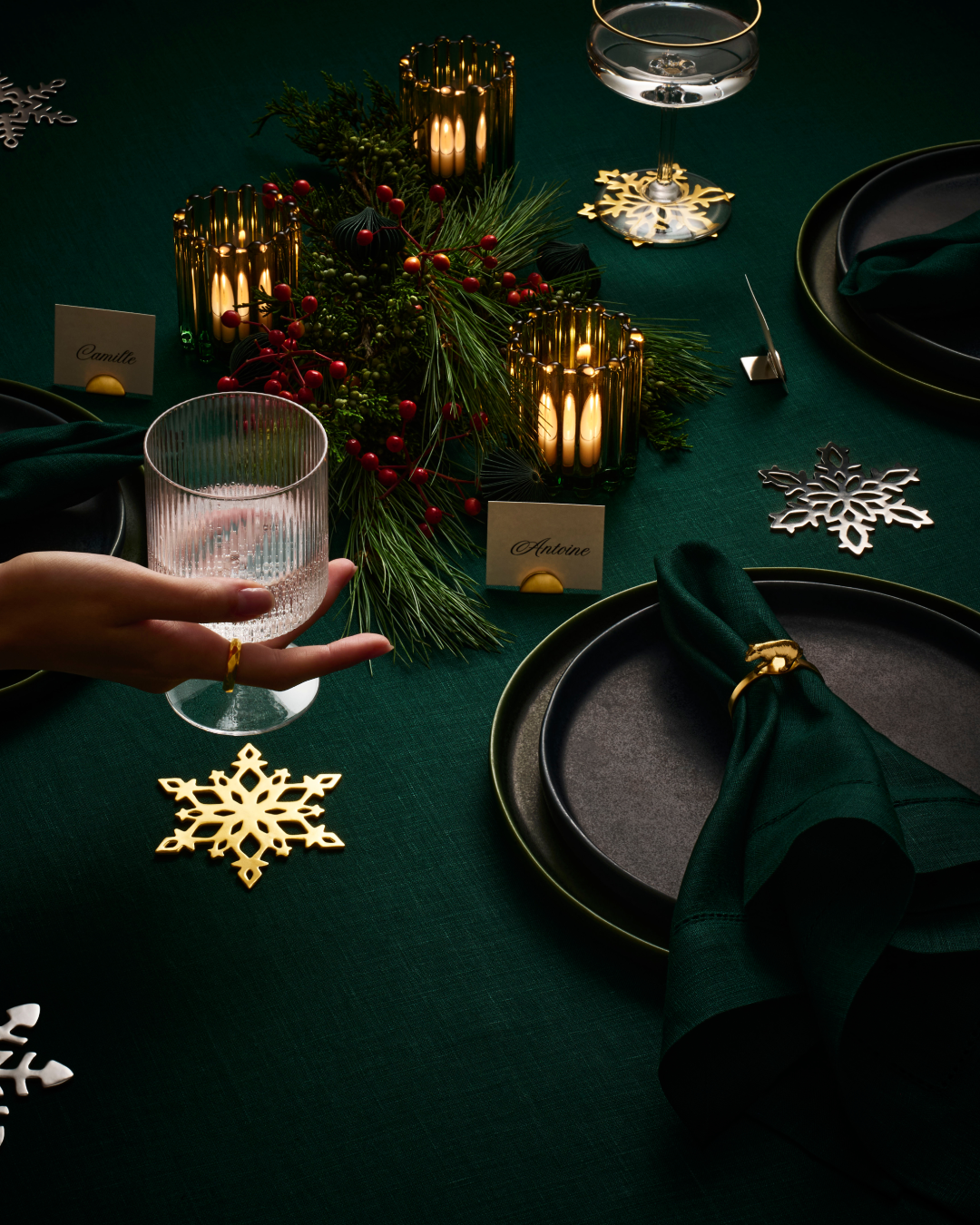 Menē 24k gold and pure platinum Snowflake Coasters from the 2025 Holiday Collection.