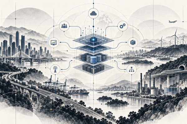 Layered computing infrastructure connects people, logistics, energy and industrial operations.