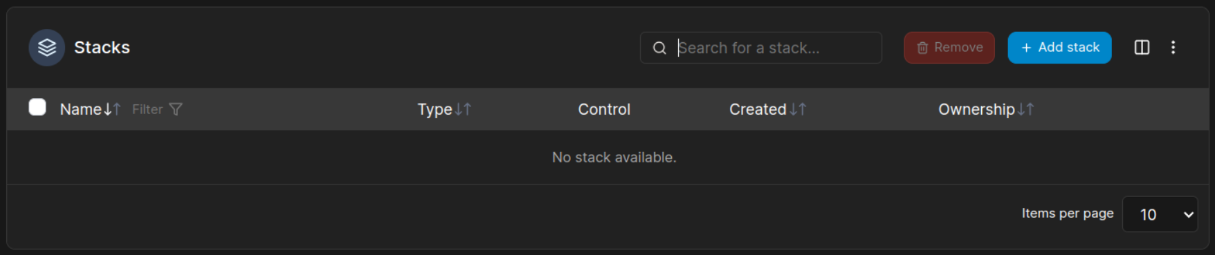 Screenshot from Portainer's web interface, where the stack list is visible.