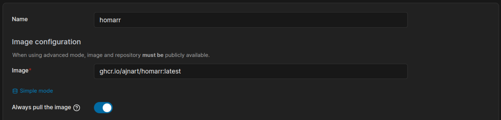 Screenshot from Portainer web interface, with the create container basic configuration form visible.