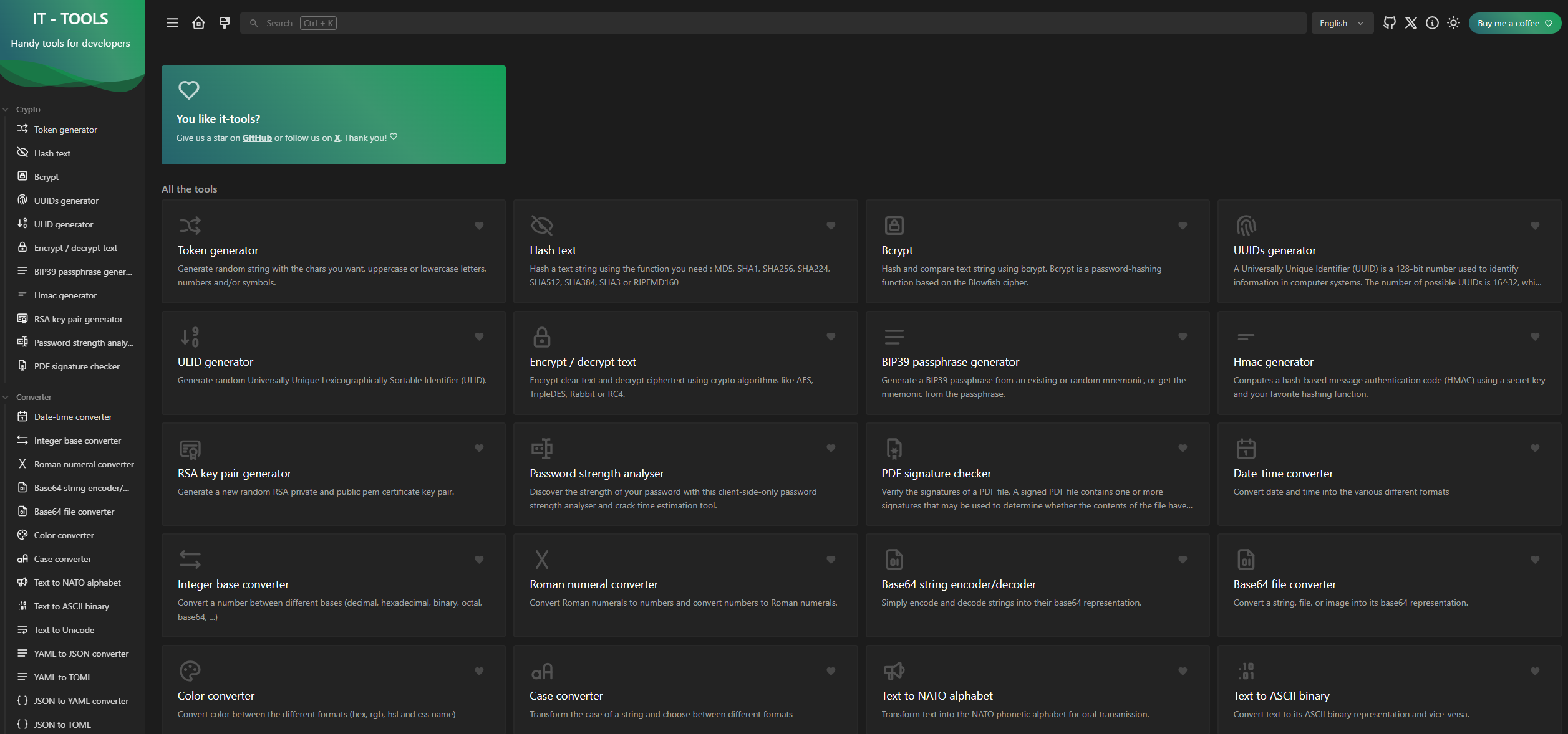 IT Tools landin page, with several options and tools as a grid