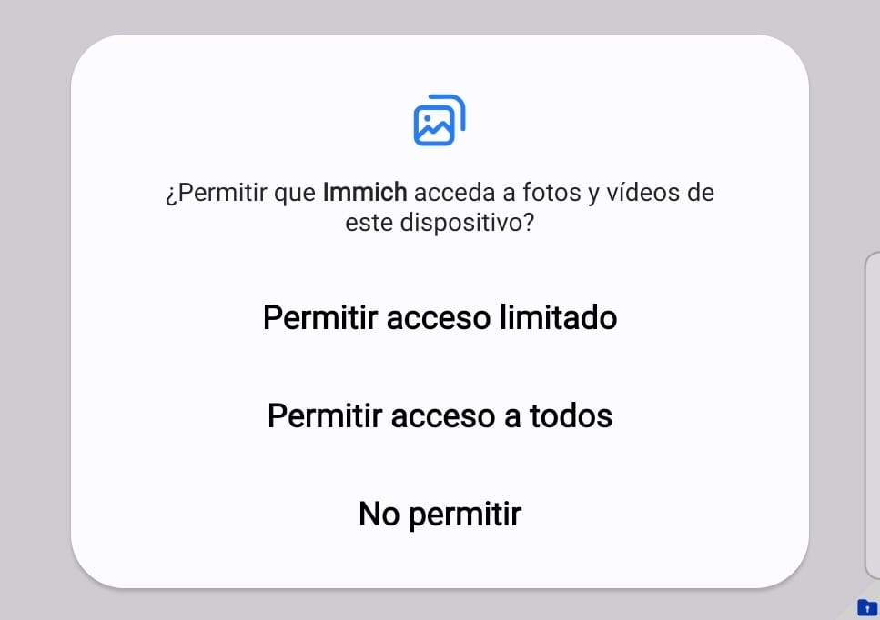 Selector de permisos para la aplicación de Immich en Android sobre los archivos multimedia.