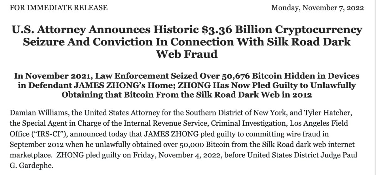 US Gov Announces Seizure of 50676.17 Bitcoin That Was Stolen From Silk Road