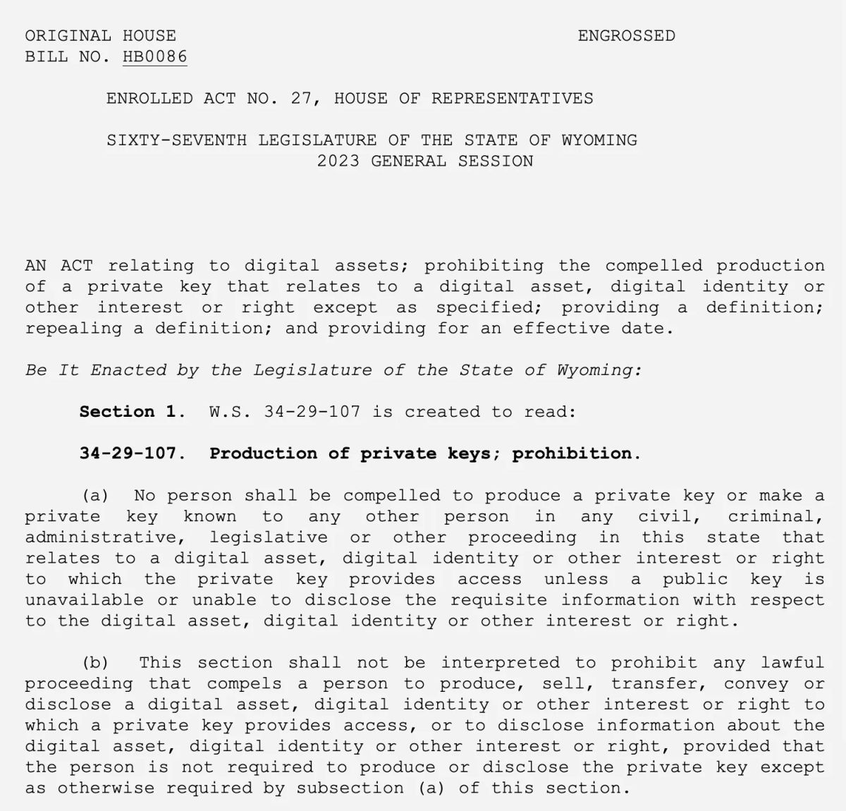 The U.S. State Of Wyoming Has Passed A Bill That Protects Its Citizens From Having To Disclose Private Keys