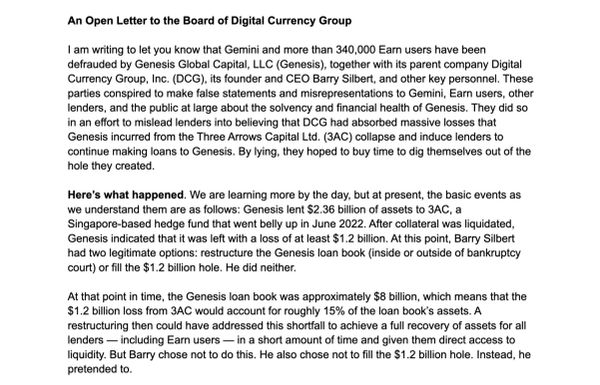 Gemini CoFounder Cameron Winklevoss Accuses Barry Silbert and DCG of Fraud in Open Letter to DCG Board