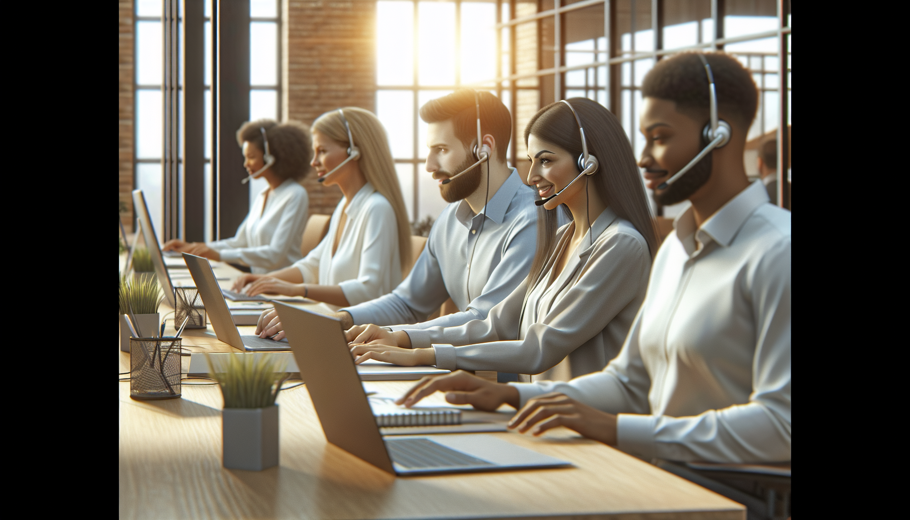 Professional customer service team working together in modern office with laptops and headsets