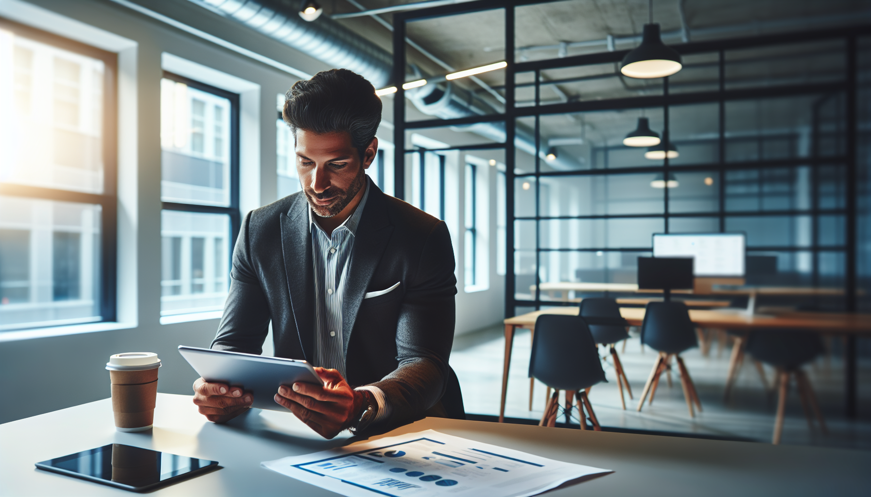 Business professional comparing chatbot platforms on tablet in co-working space