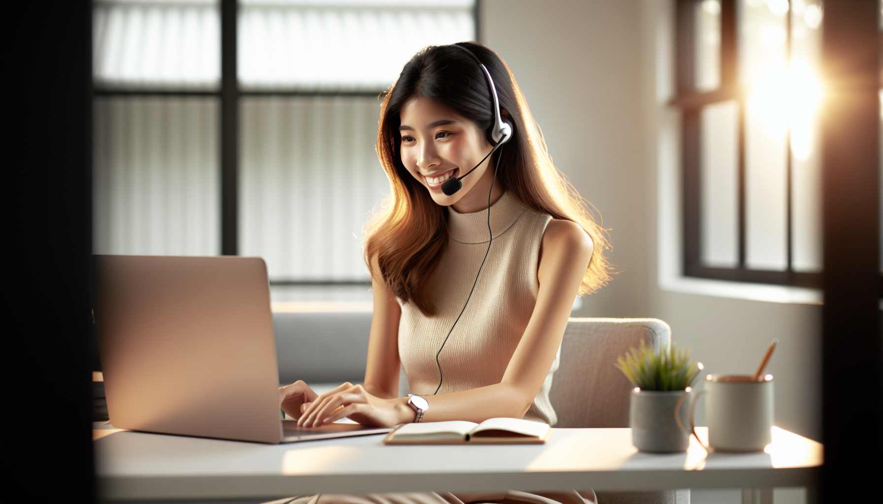 Professional customer support representative working with AI chatbot technology