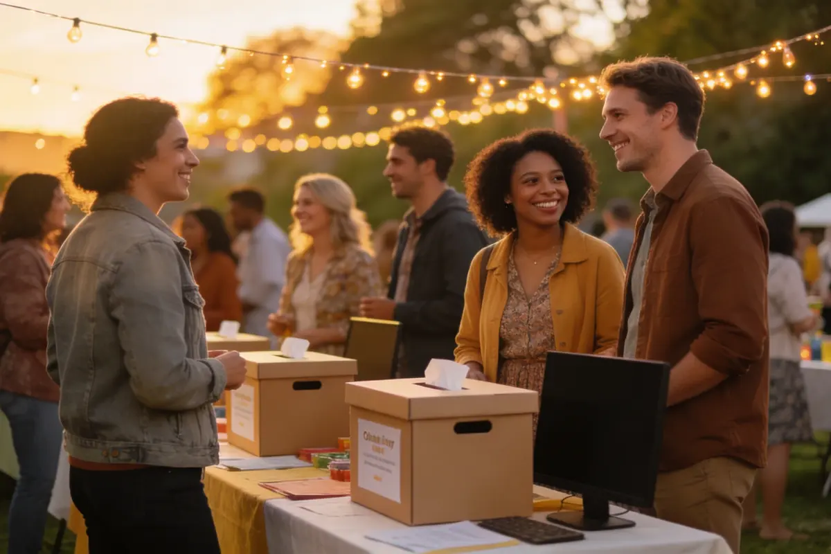 A diverse group of people at a charity fundraising event outdoors with fairy lights and donation tables at golden hour