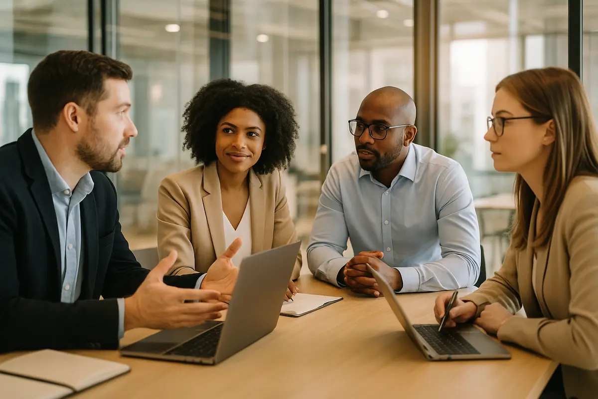 Modern sales and revenue team discussing chatbot-qualified pipeline in a glass meeting room