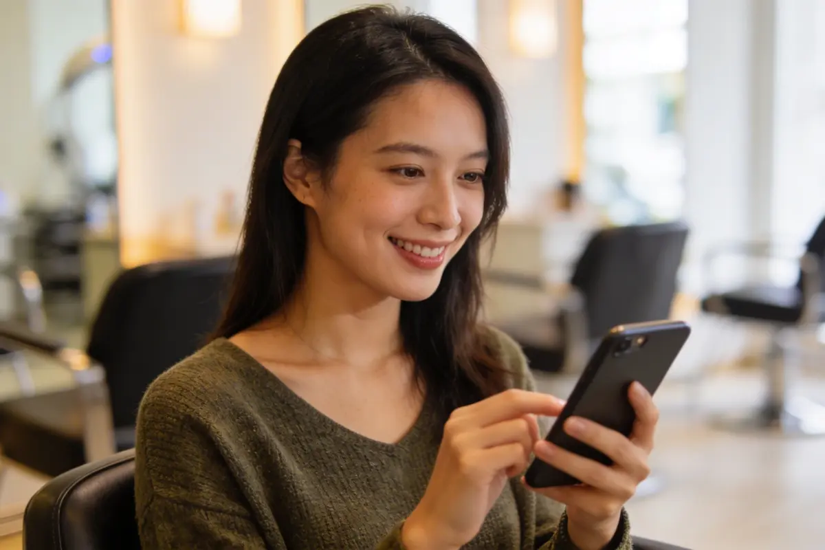 A woman checking her phone in a modern salon waiting area, smiling as she confirms her appointment