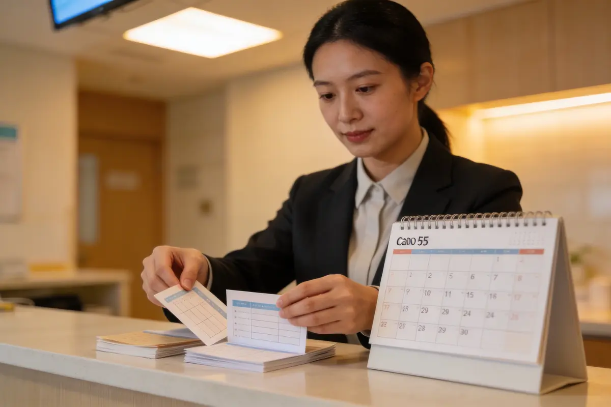 A medical receptionist organising appointments at a clean modern clinic front desk