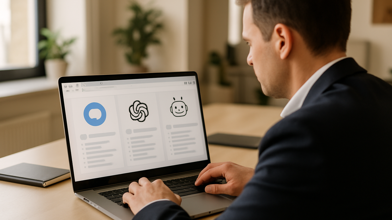 A business professional evaluating chatbot platforms on a laptop in a bright modern office