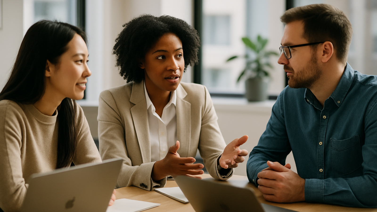 A small business team discussing customer support strategy around a modern conference table