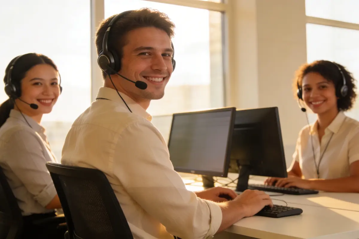 A customer support team working together in a bright modern office with wireless headsets