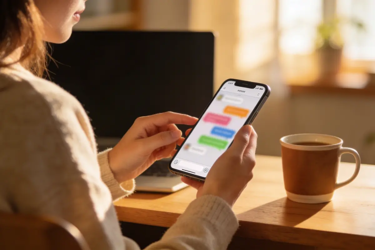 A woman using her smartphone in a cosy home office with warm afternoon light