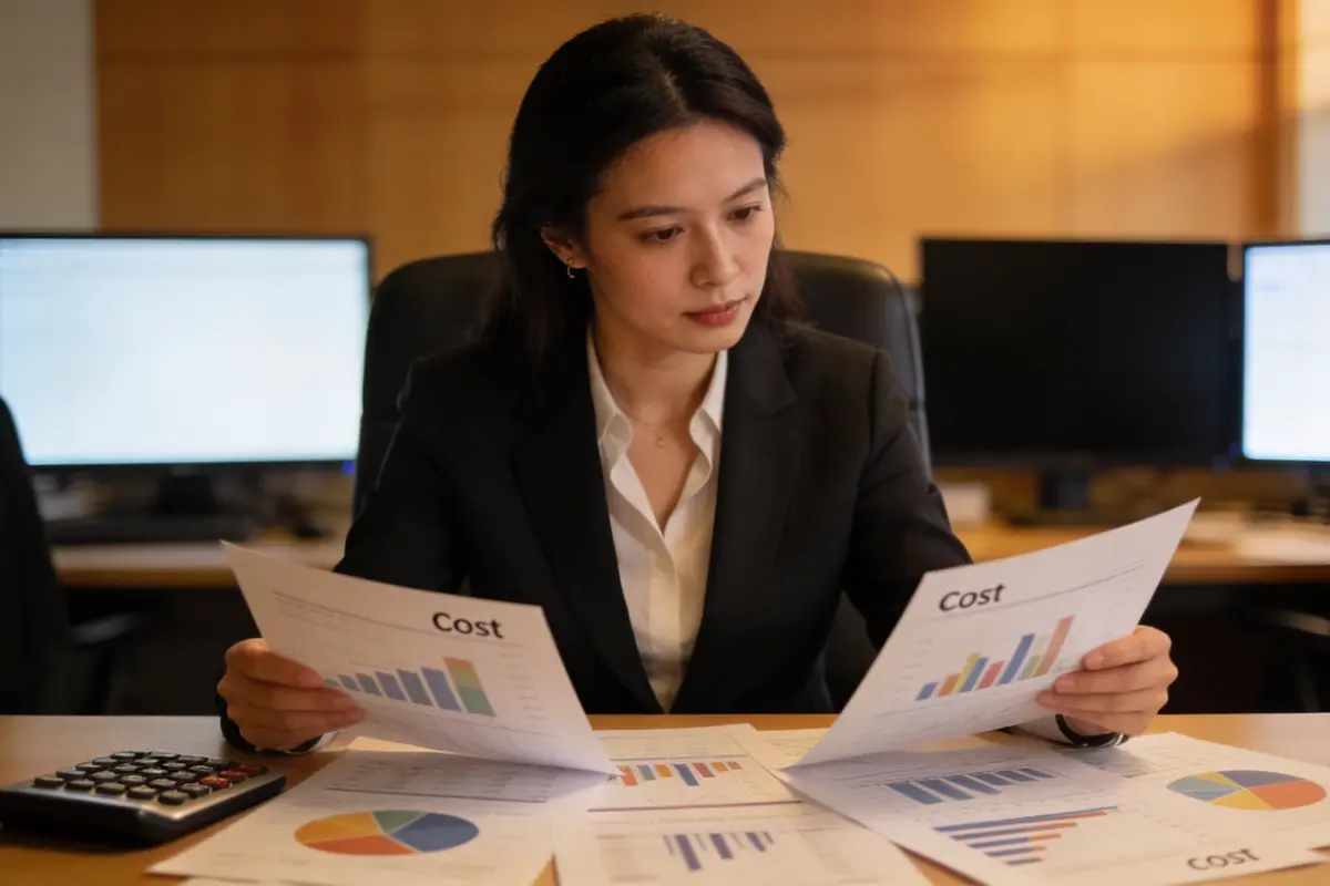 A professional reviewing financial cost reports and charts at a modern office desk