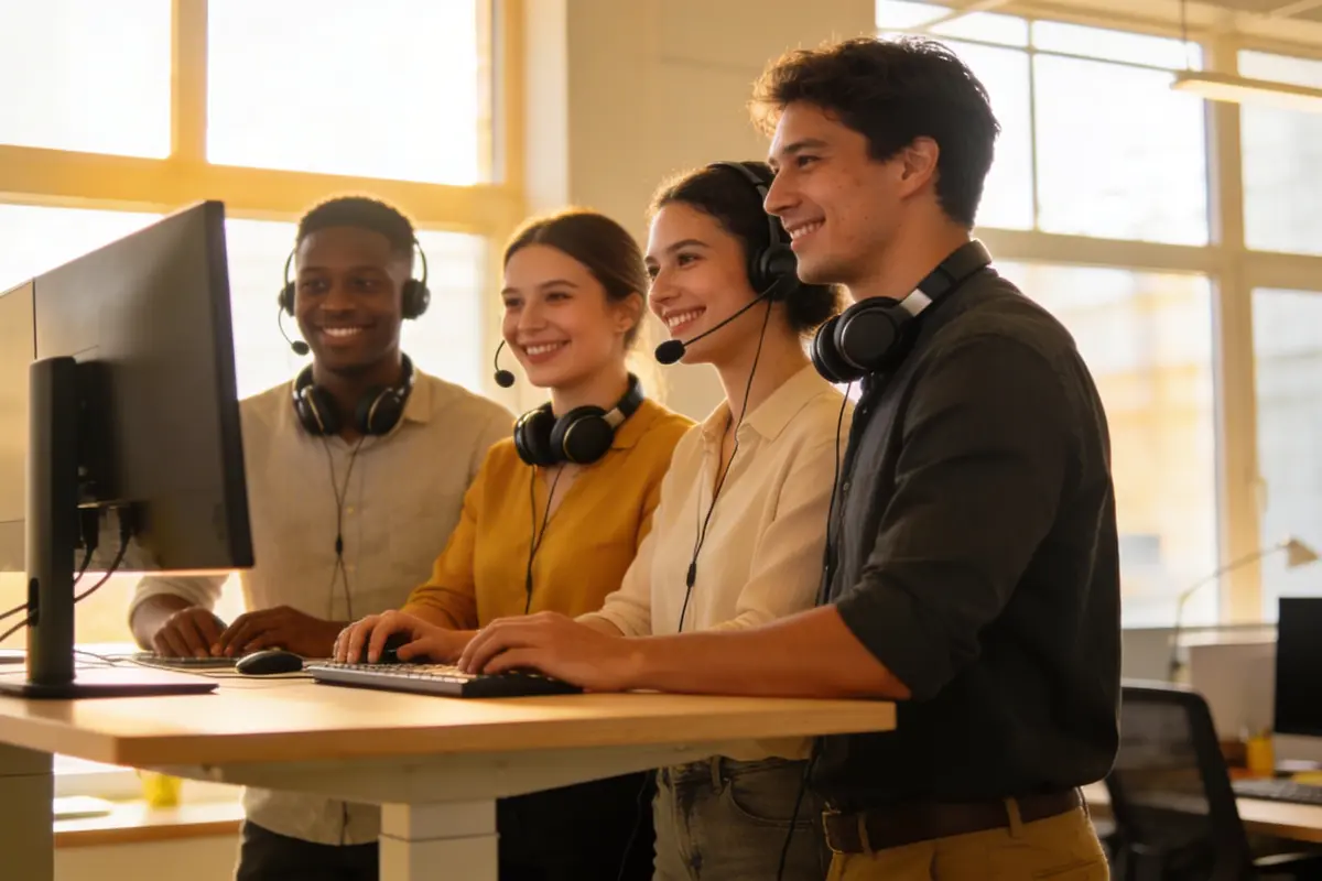 A diverse customer support team collaborating in a bright modern office