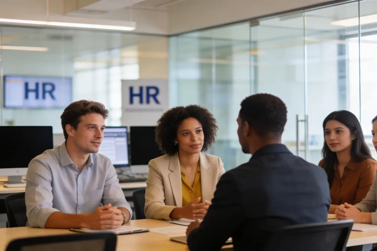 HR professionals collaborating in a modern office meeting room