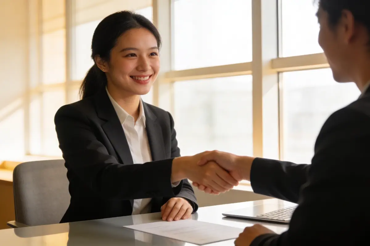 A professional handshake during a job interview in a bright modern office