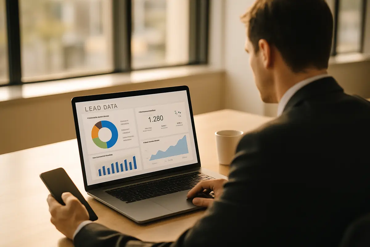 A professional working at a modern desk with laptop and smartphone, reviewing lead generation analytics on screen
